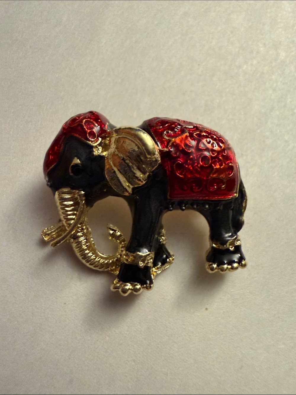 Black & Red Elephant Brooch with Gold-Tone Accents